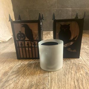 White barn Halloween candle holders